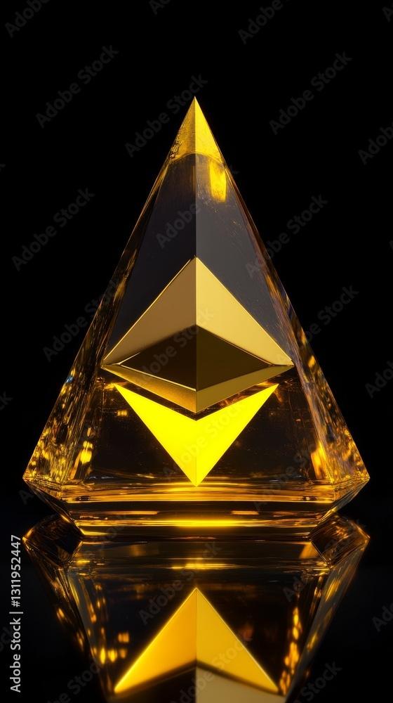 Poster a radiant gold pyramid with sharp lines and reflective surfaces shines brightly in a dark space. its