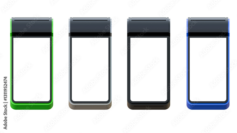 Poster blank screen pos machine mock up. contactless payment by credit card and mobile phone banking empty 