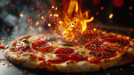 Hot Pepperoni Pizza with Chili Flakes and Melted Cheese