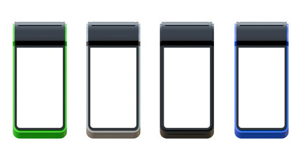 Blank screen pos machine mock up. Contactless payment by credit card and mobile phone banking empty screen through the terminals on isolated background. Payment terminal on a isolated background.