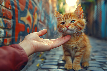 A ginger kitten sits on a cobblestone street, gently accepting a hands caress.  The vibrant backdrop of graffiticovered brick adds urban texture.