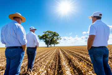 Three farmers gather in a lush field, discussing their crops under a vibrant blue sky and distant trees, showcasing the spirit of agriculture and teamwork