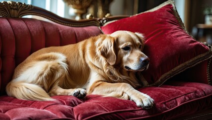 Obraz premium A relaxed golden retriever lounging on a plush red velvet couch with elegant decor in the background