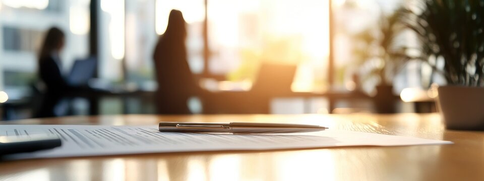 Un contrat et un stylo sur un bureau en premier plan avec des silhouettes d'employ&eacute;s flous, assis en arri&egrave;re-plan avec un beau coucher de soleil.