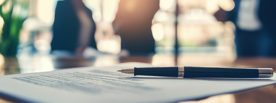 Un contrat et un stylo sur un bureau en premier plan avec des hommes d'affaires et femmes d'affaires flous, se tenant debout en arri&egrave;re-plan.