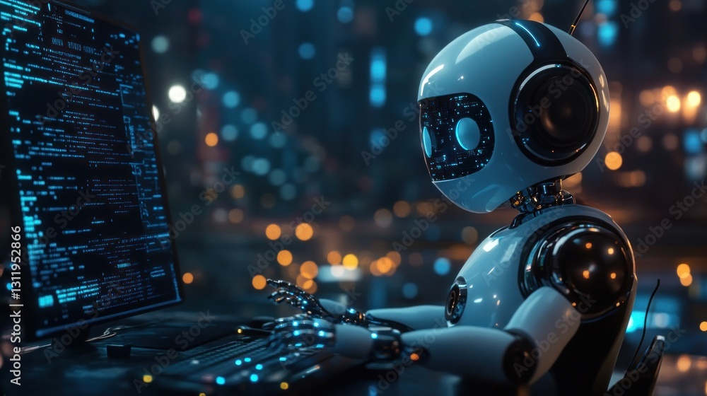 Poster robot analyzing data on a computer in a futuristic city