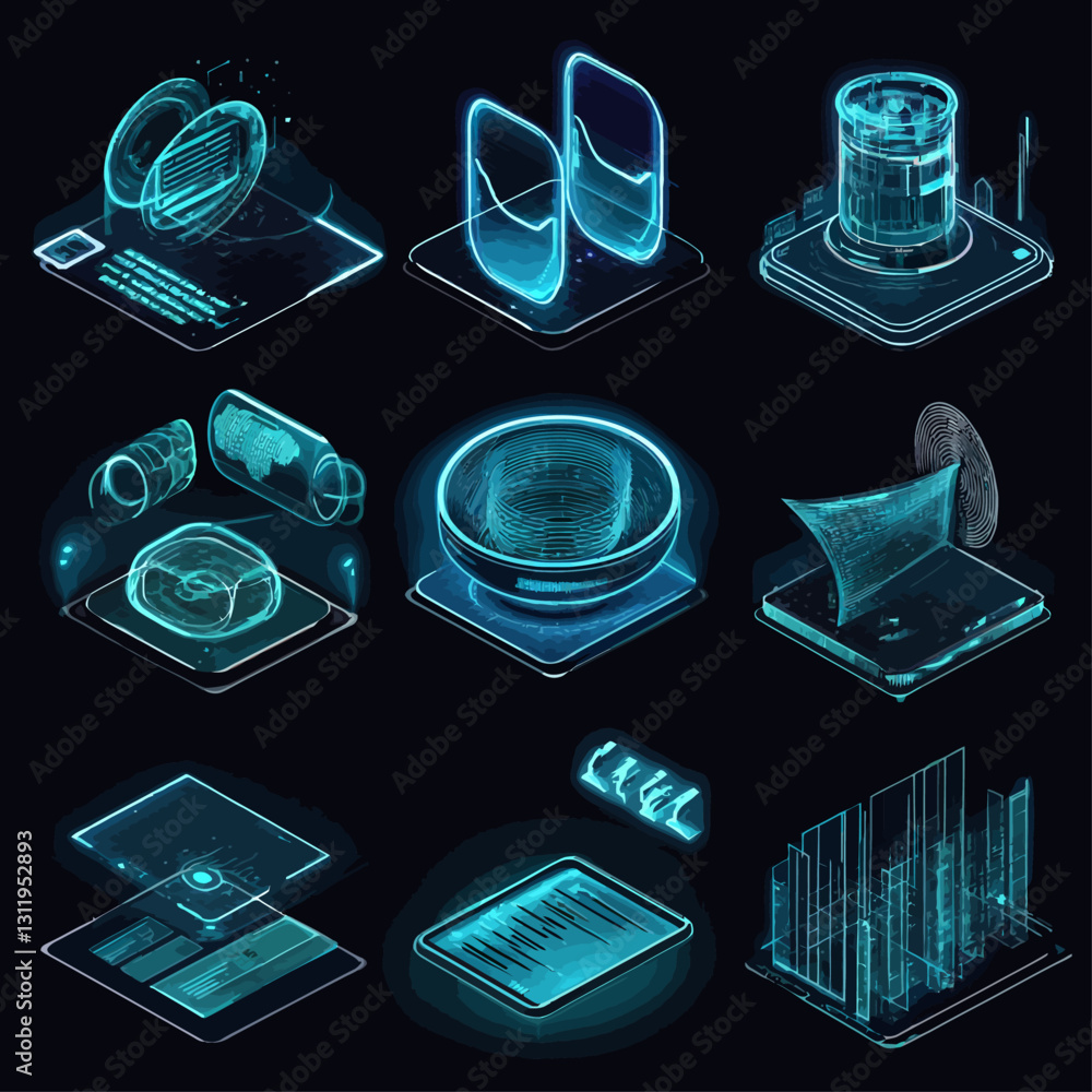 Aufkleber hologram technology interface elements with glowing lines and futuristic design