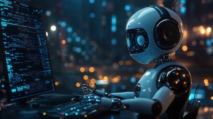 Robot analyzing data on a computer in a futuristic city