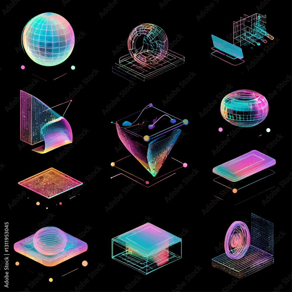 Poster isometric 3d mesh objects in rainbow gradient colors against black background