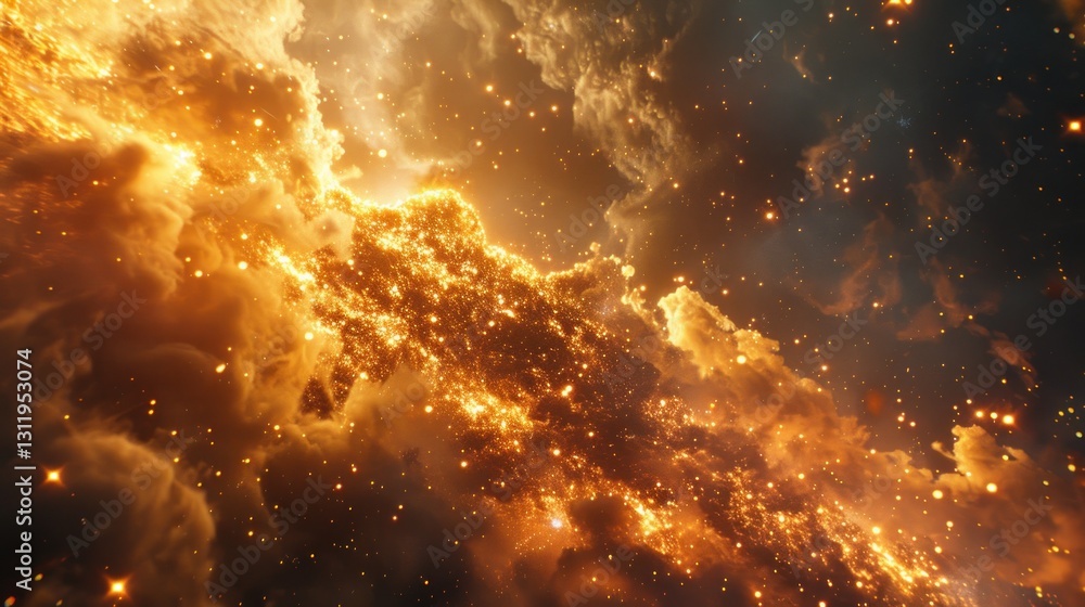 Poster golden dust particles swirl around bright cores, creating a mystical nebula explosion filled with am