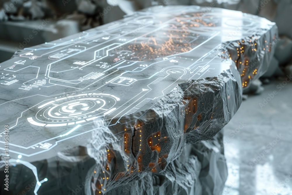 Poster a smooth concrete surface features integrated displays with holographic inlays, illuminated by soft 