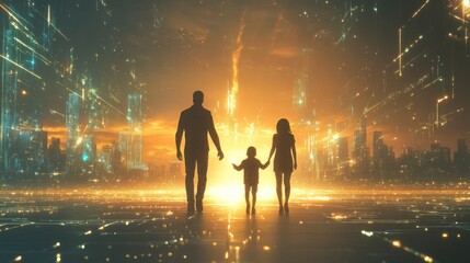 Fototapeta premium A silhouetted family holding hands, walking through a glowing futuristic cityscape at sunset. The scene radiates a sense of unity, hope, and technological progress.. AI Generation