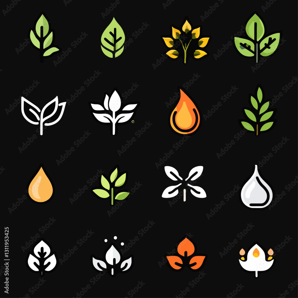 Poster collection of colorful leaf and drop vector icons on a black background