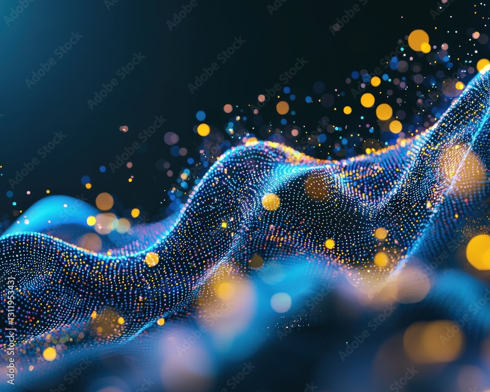 Poster a creative illustration of quantum computing represented as glowing particles.