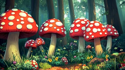Vibrant red mushrooms with white spots nestled in a lush forest during daylight