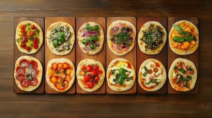 Fototapeta premium Flat lay of assorted pizzas with colorful toppings