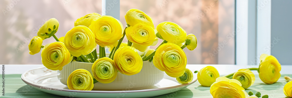 Aufkleber bright yellow ranunculus flowers arranged in a bowl on a table near a sunny window in early spring