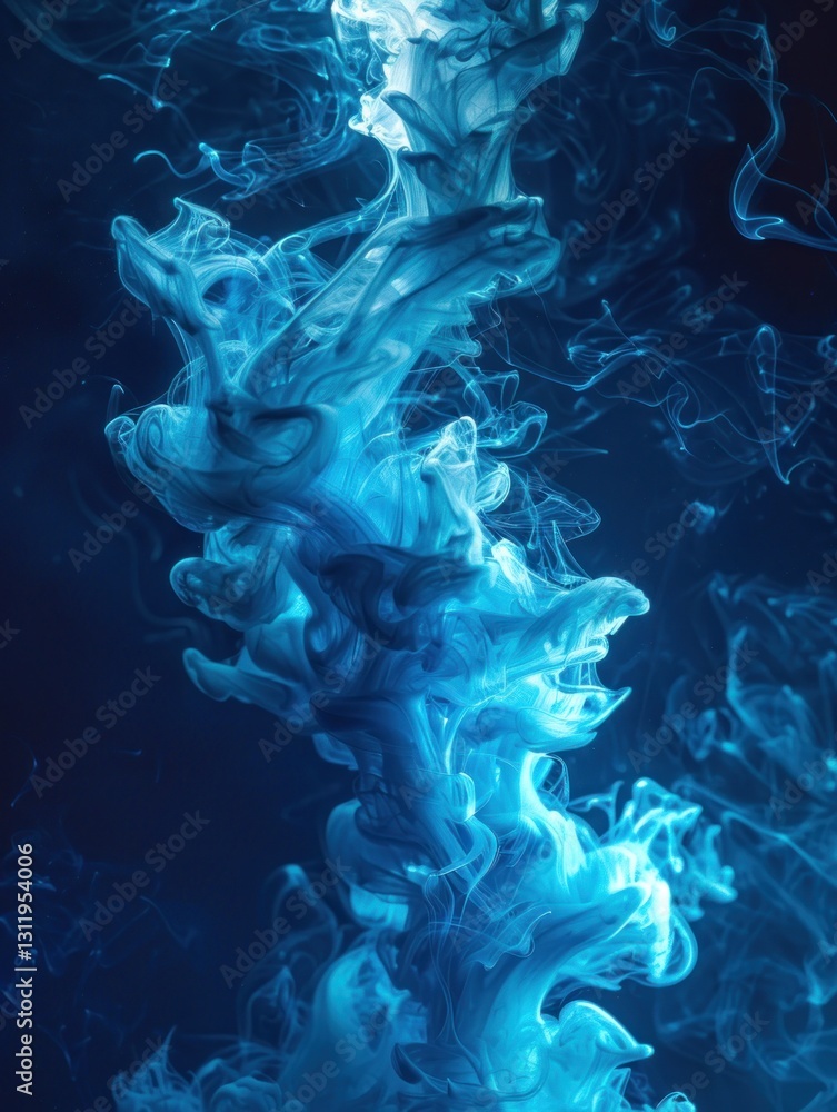 Poster cyan ink splashes form patterns in a dark space, illuminating delicate tendrils with a vibrant glow