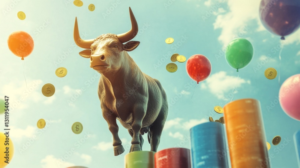 Poster a conceptual image of a bull standing on colorful charts surrounded by floating balloons and coins, 