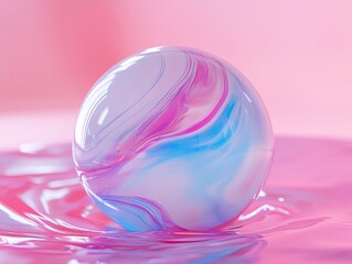 Obraz premium Translucent orb with swirling colors resting on a glossy liquid surface