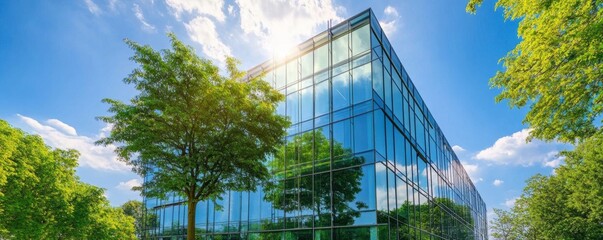 Glass building with green trees and blue sky in the background- eco-friendly office space concept.
