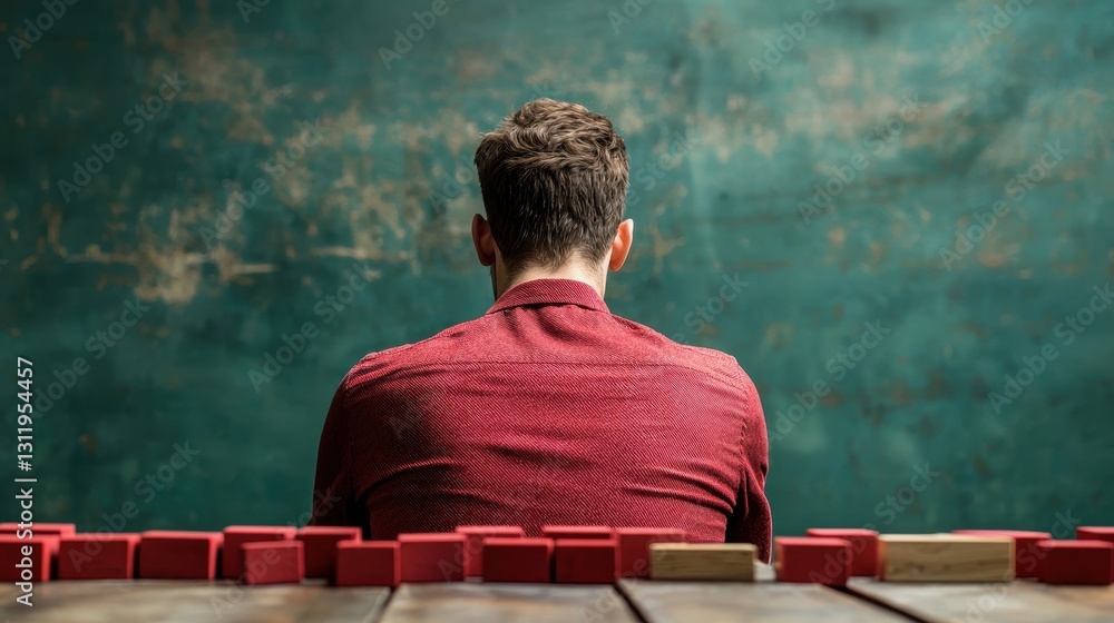 Poster a man sits at a table with red blocks, facing a textured green wall, creating a contemplative and in