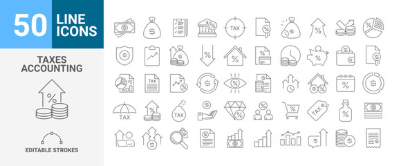 Collection of 50 tax and accounting line icons. Thin outline icons pack. Collection of 50 UI icons. Set of 50 line web pictograms.