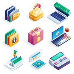 Isometric financial technology and digital asset management icons set