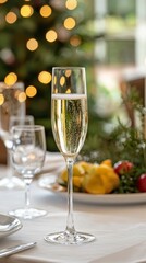 Festive Champagne in a Glass with Holiday Table Decorations