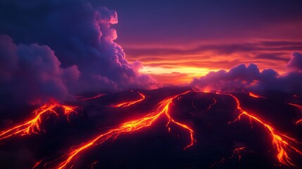 A breathtaking view of glowing lava streams flowing through dark terrain under a dramatic sky filled with vibrant colors at sunset.