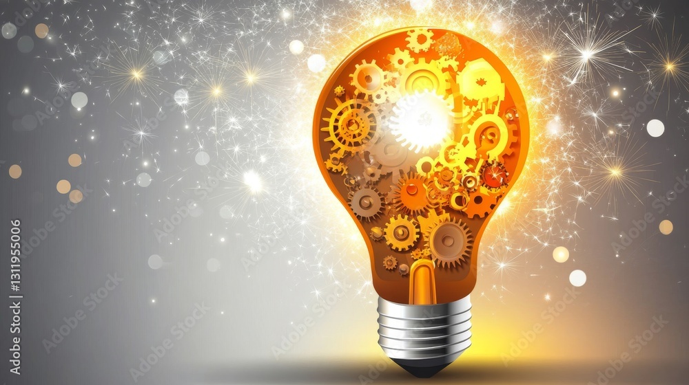 Poster glowing lightbulb with intricate golden gears, representing innovation, creativity, and technology. 
