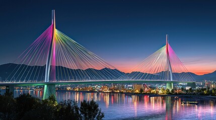 Obraz premium Colorful cable-stayed bridge at dawn over city and river
