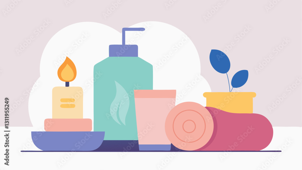 Poster spa scene a tranquil spa setting with the lotion bottle p next to candles and soft towels suggesting