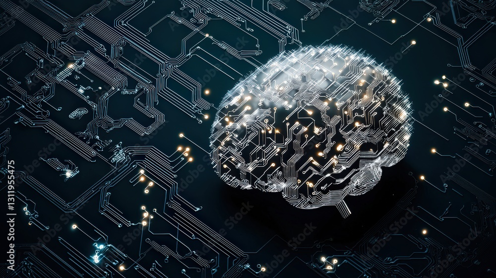 Poster a digital brain representing ai innovation surrounded by circuits.