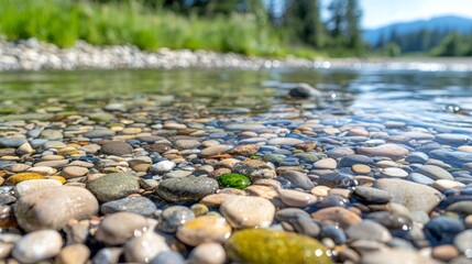 Fototapeta premium Colorful riverbed pebbles under flowing water with scenic forest background