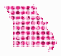 Obraz premium Missouri dotted map. Digital style map of the state on white background. Missouri shape with circle dots. Colored dots style. Large size circles. Modern vector illustration.