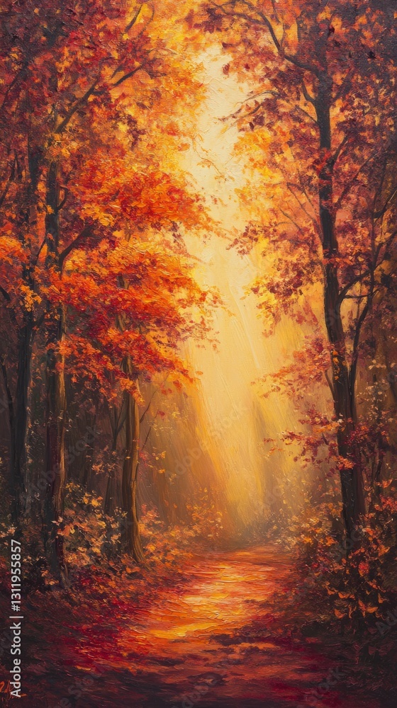 Poster enchanting autumn forest with vibrant orange and red foliage, illuminated by soft golden sunlight fi