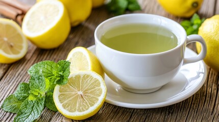 Refreshing green tea with lemon slices, mint, and a rustic wood background.