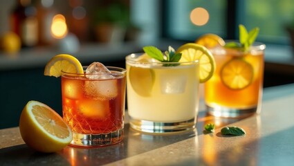 Fototapeta premium Three Refreshing Iced Drinks with Citrus Garnishes, Garnished with Mint, Illuminated by Warm Sunlight on a Smooth Surface