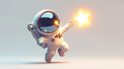 A cute astronaut floating in space, reaching for a glowing star