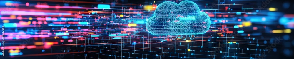 Poster a digital cloud with icons representing global data exchange.