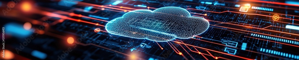 Poster a digital cloud with icons representing global data exchange.