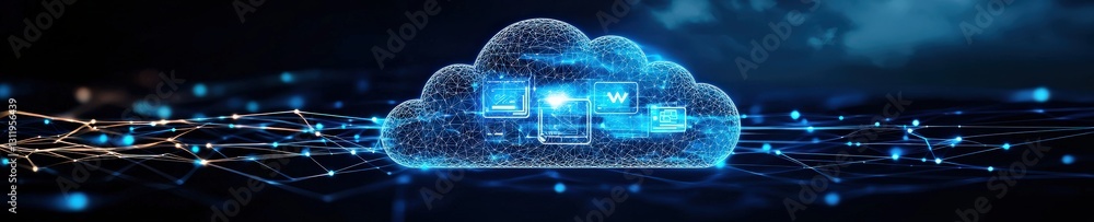 Poster a digital cloud with icons representing global data exchange.