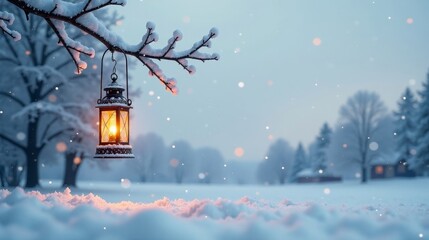 Naklejka premium A glowing lantern hangs from a snow-laden branch, casting a warm light on a tranquil winter landscape.