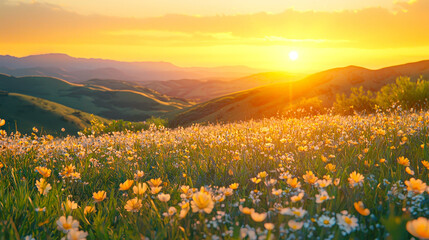 Fototapeta premium A vast meadow showcases countless wildflowers basking in the warm hues of a golden sunset, illuminating the rolling hills and distant mountains