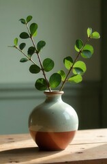 Eucalyptus branches in clay vase on mint background