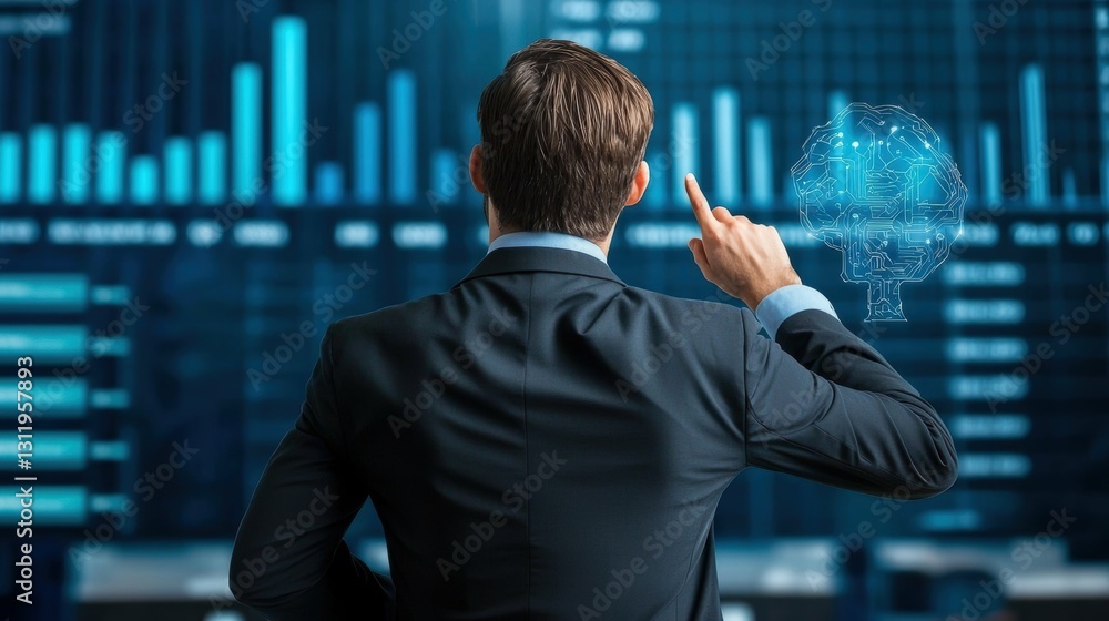 Poster businessman analyzing ai data insights office digital display modern environment from behind future 