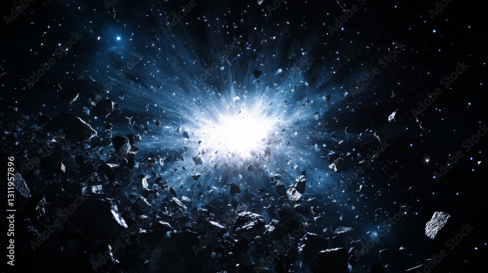 Poster a stunning depiction of a cosmic explosion with fragments of rock and debris illuminated by a radian
