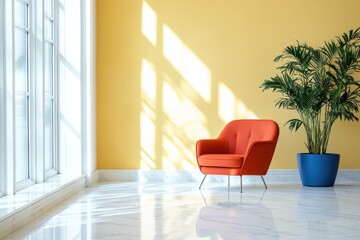 Fototapeta premium Sunlit room with orange armchair, plant, and marble floor.