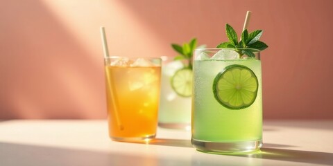 Refreshing Summer Beverages in Sunlight Iced Tea and Sparkling Lime Drinks with Mint Garnish